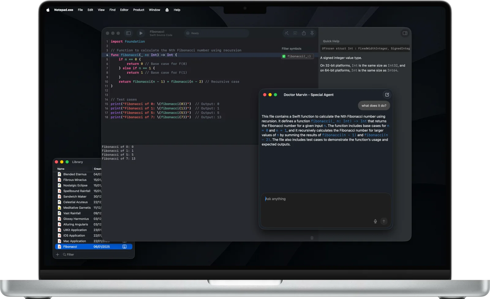 Notepad.exe code editor with AI assistant open on macOS