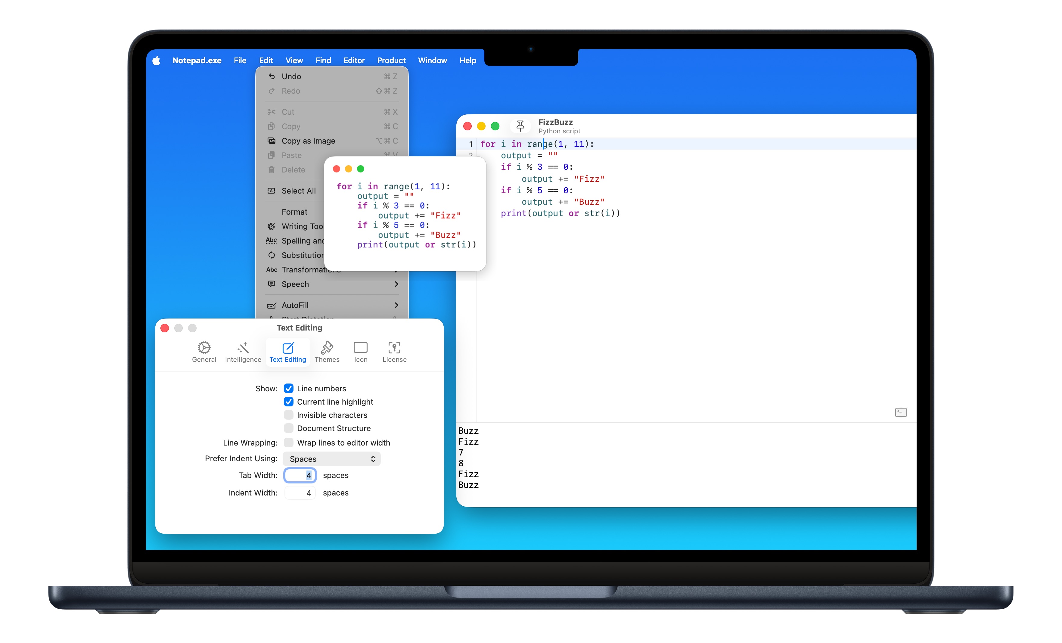 Notepad.exe code editor with library